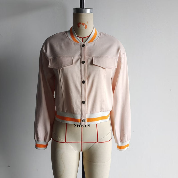 Dam cropped blousonjacka med snap knäppning, randig ribbstickade muddar och patch bröstfickor