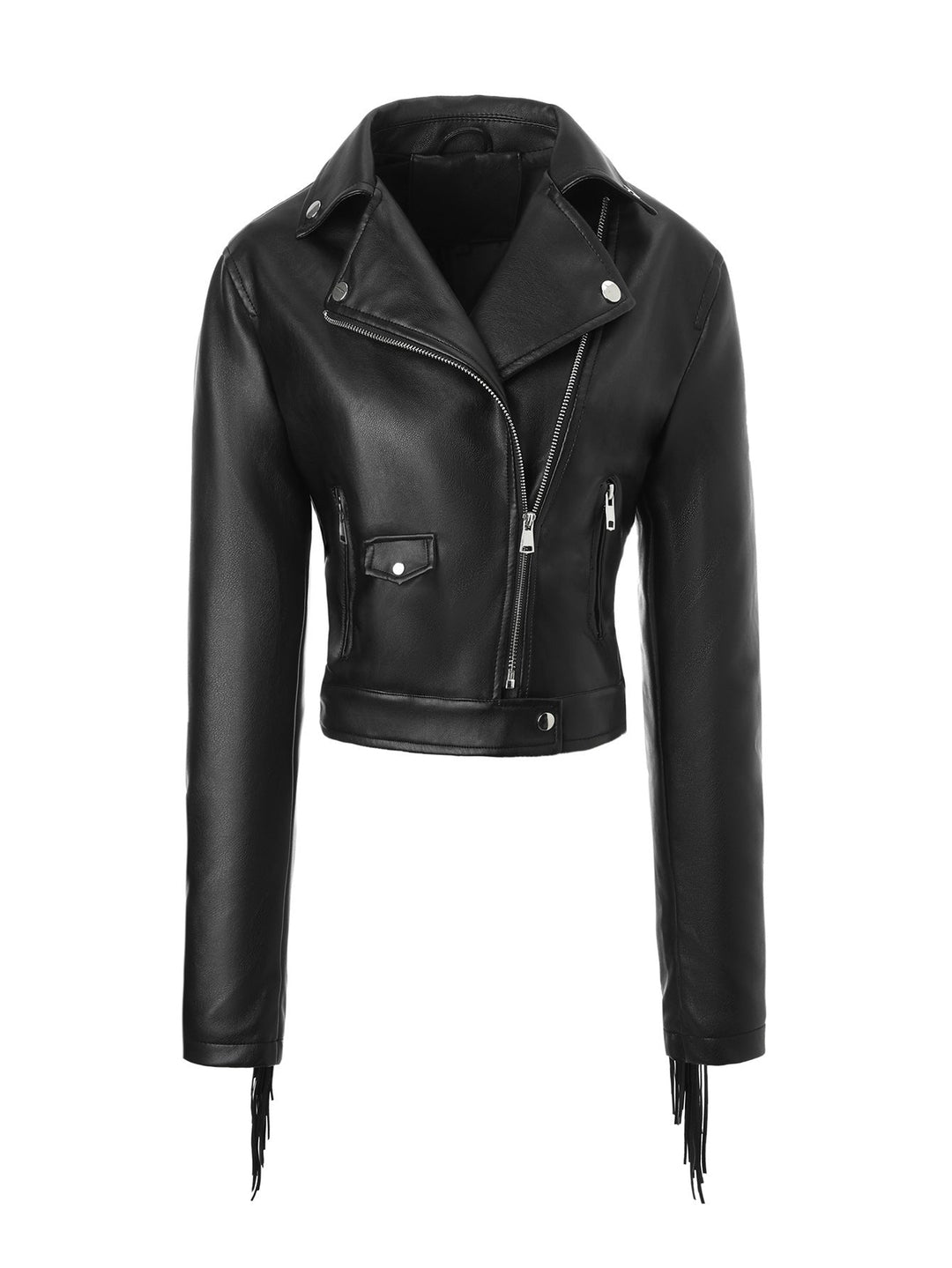 Dam kort motorcycle jacka in läderlook med fringe ärmar och asymmetrisk dragkedja