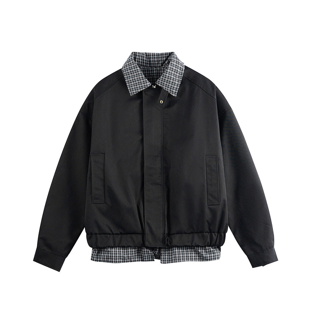 Herr lagered-look blouson jacka med rutmönster krage och justerbar fåll