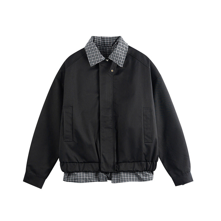 Herr lagered-look blouson jacka med rutmönster krage och justerbar fåll