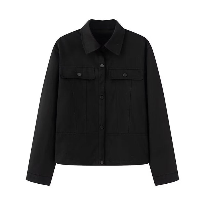 Dam Kort Skärning Boxig Overshirt Jacka i Vegan Läder Look med Lockfickor och Tryckknapp Knapp Stängning
