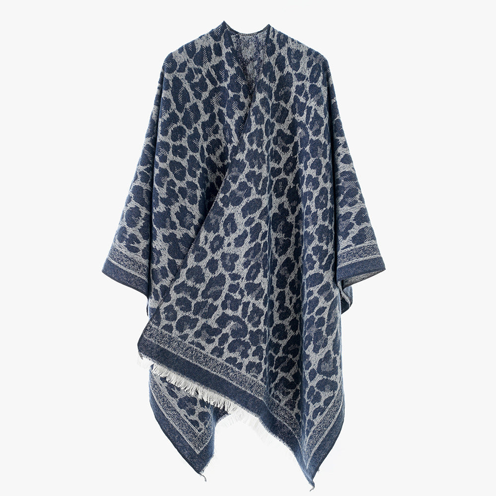 Dam Oversize Cape med Jacquard Leopard mönster, Open Fall och Fringes