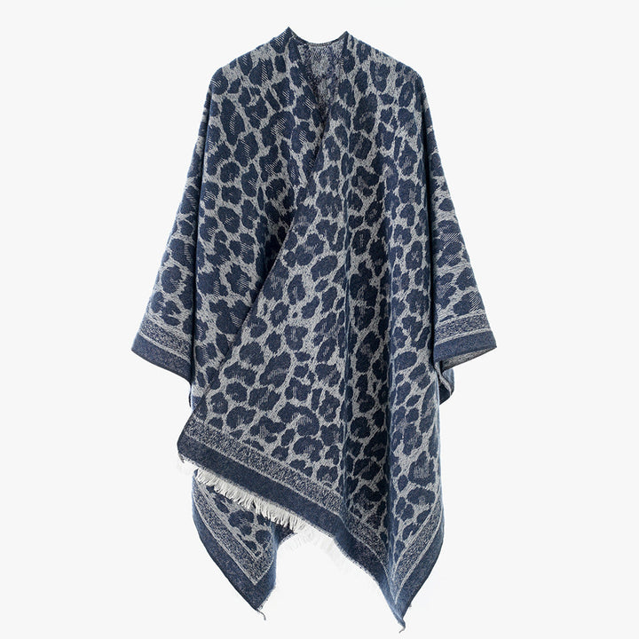 Dam Oversize Cape med Jacquard Leopard mönster, Open Fall och Fringes