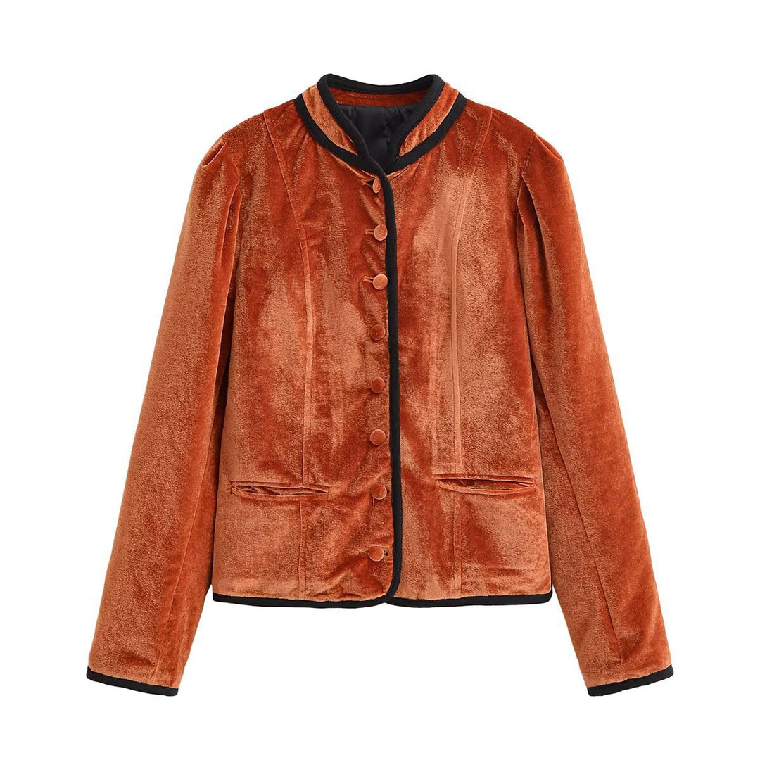 Dam Sammet Blazer-Stil Jacka med Ståkrage och Covered Knappar
