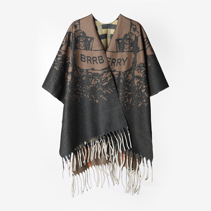 Dam Oversize capeponcho i Rectangular skärning med Fringed fåll och Double-Layered Jacquard foder