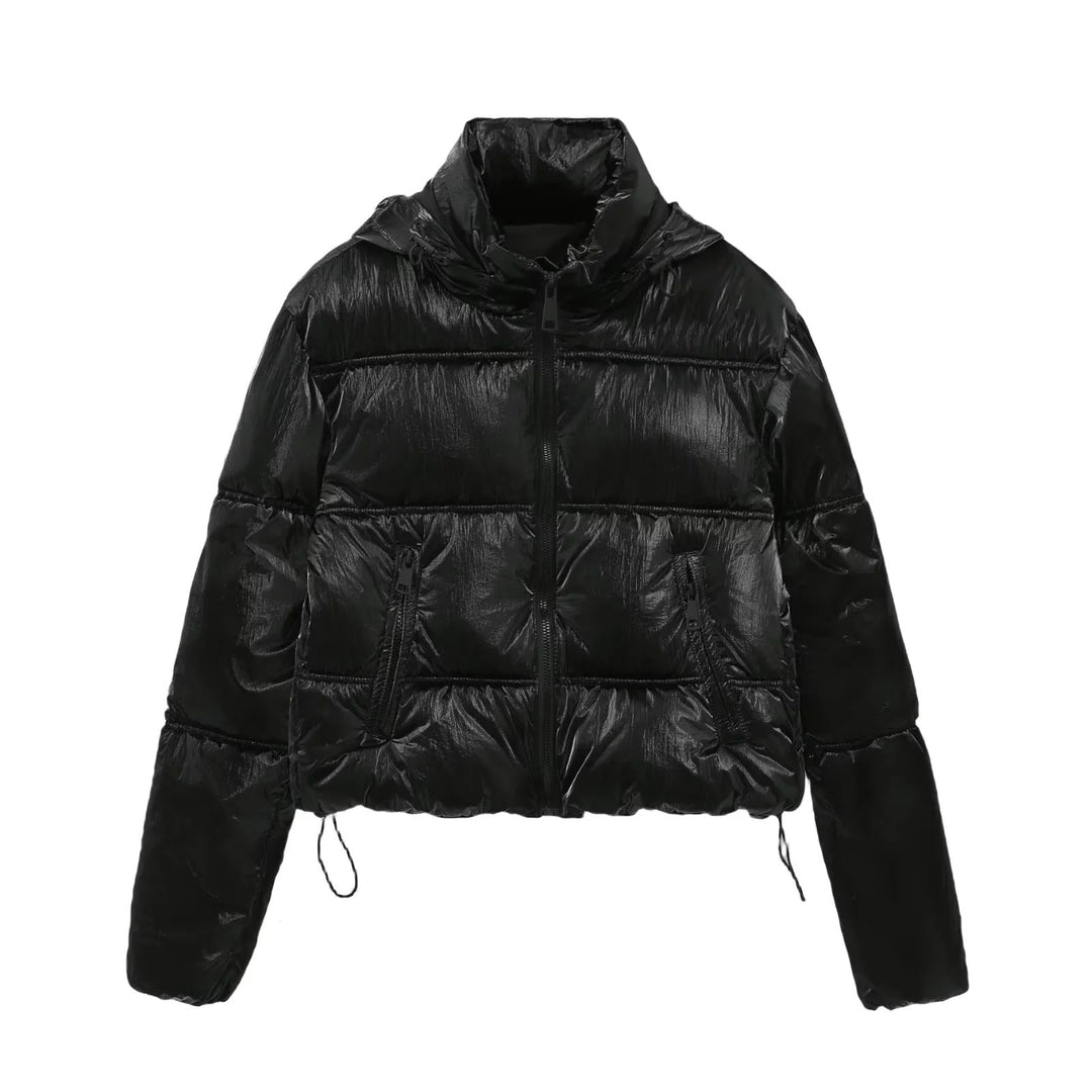 Dam cropped quiltad down-look jacka med huva och drawstring fåll