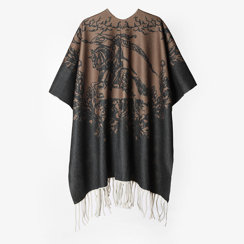 Dam Oversize capeponcho i Rectangular skärning med Fringed fåll och Double-Layered Jacquard foder