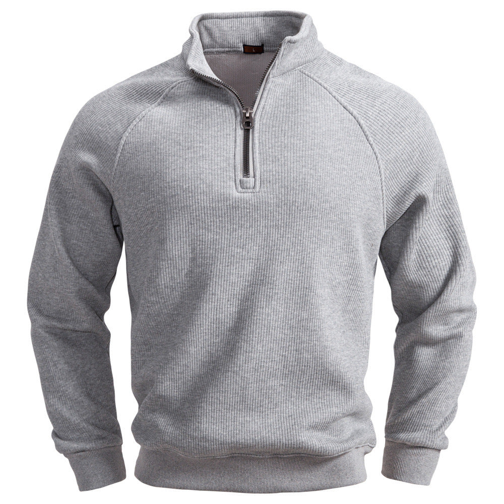 Herr Fin Ribbad Halv Dragkedja Pullover med Ståkrage, Raglanärmar, och Elastiska Muddar