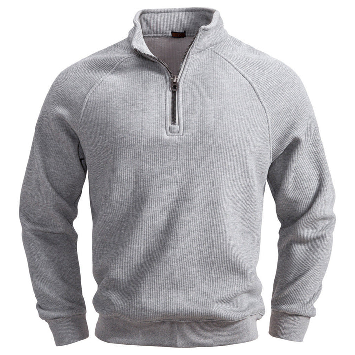 Herr Fin Ribbad Halv Dragkedja Pullover med Ståkrage, Raglanärmar, och Elastiska Muddar