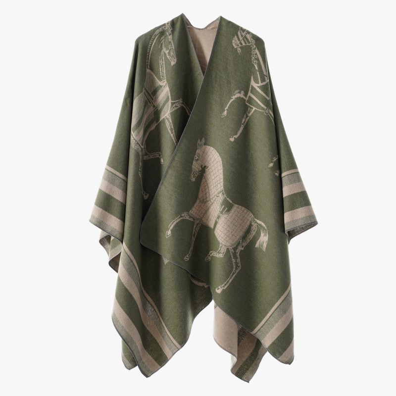 Dam Jacquard Poncho Wrap med Horse Motif och Boxig Kimono Silhuett