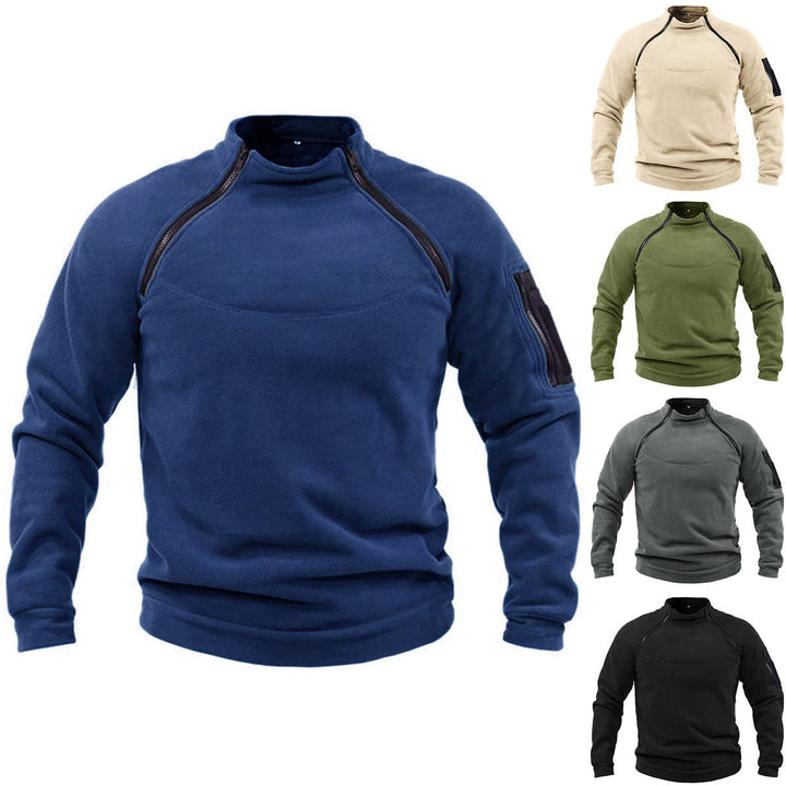 Herr Termisk Fleece Pullover med Hög Krage och Praktisk Fickor