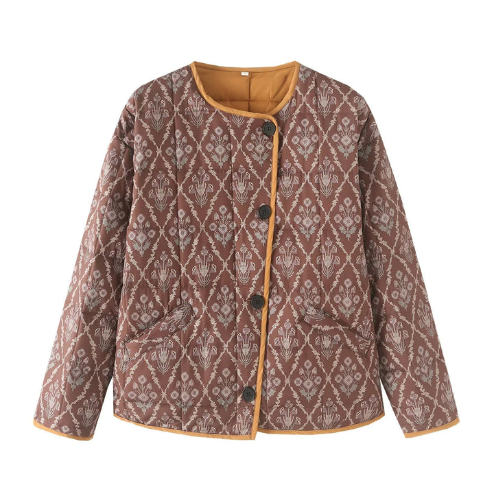 Dam lätt quiltad jacquard quiltad jacka med rund hals, kontrast piping och patch flap fickor