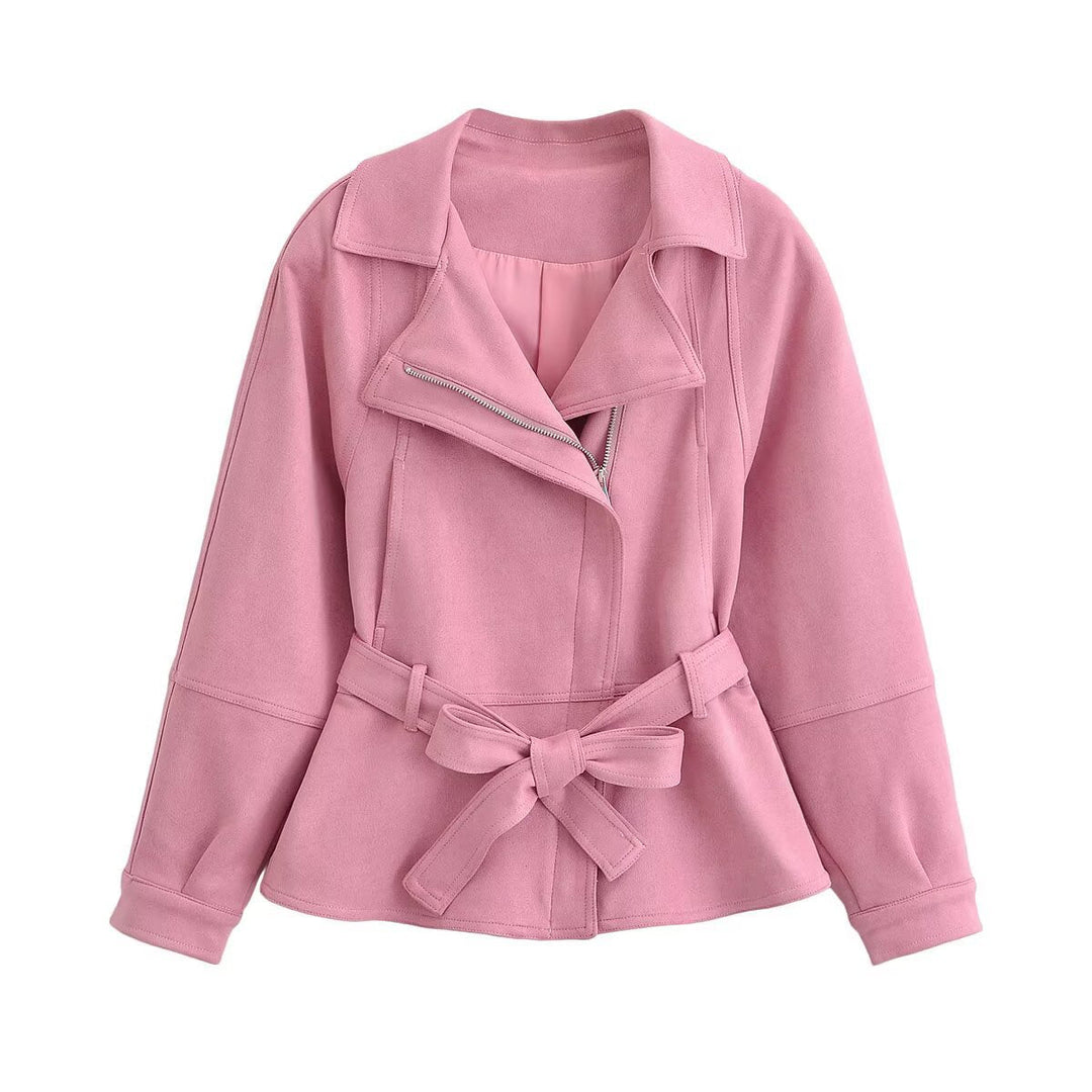 Dam figurnära kort jacka in peplum skärning med bow knytband och asymmetrisk dragkedja