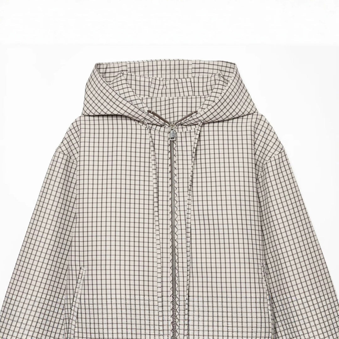 Dam Rutig Kort Windbreaker med Huva, Drawstring och Dragkedja