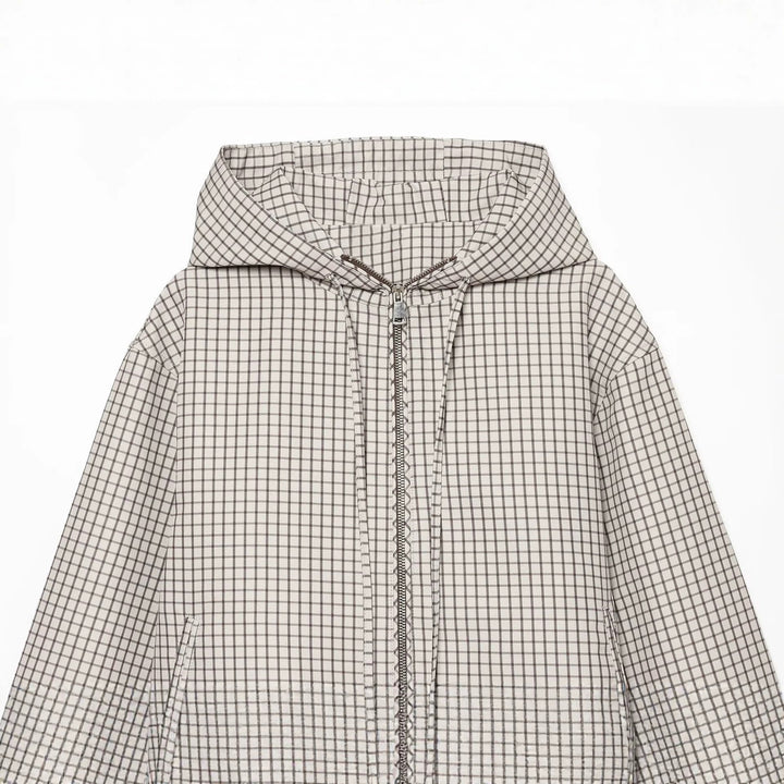 Dam Rutig Kort Windbreaker med Huva, Drawstring och Dragkedja