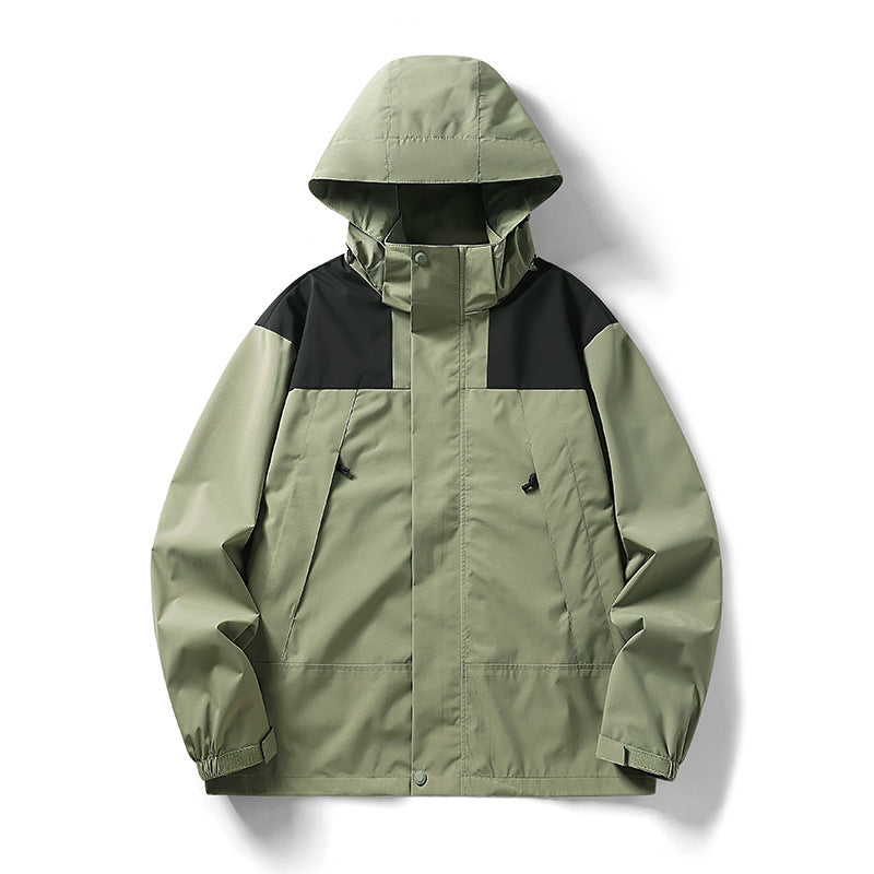 Herr tvåfärgad lätt softshell utomhusjacka med huva, vind- och vattenresistent membran