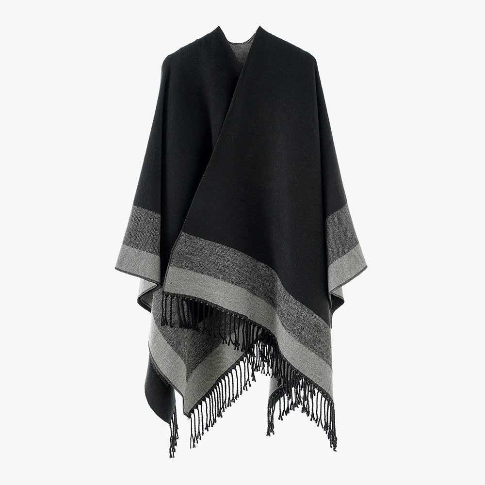 Dam Rectangular ullblandning poncho Wrap med öppen front och Fine fransfåll