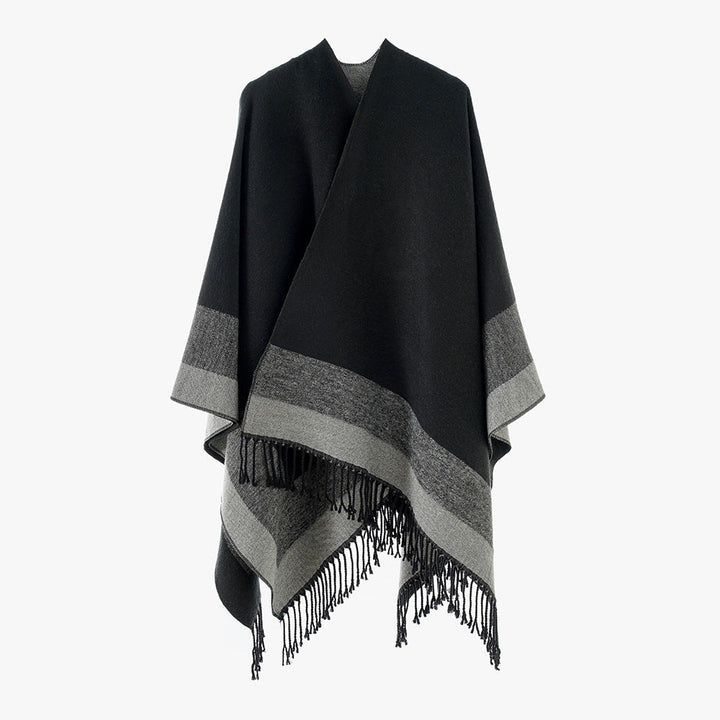 Dam Rectangular ullblandning poncho Wrap med öppen front och Fine fransfåll