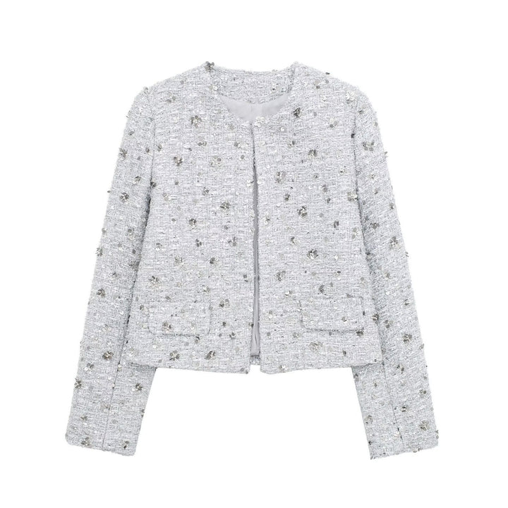 Dam kort-skärning Boucle Tweed jacka med floral sequin appliqué och öppen front