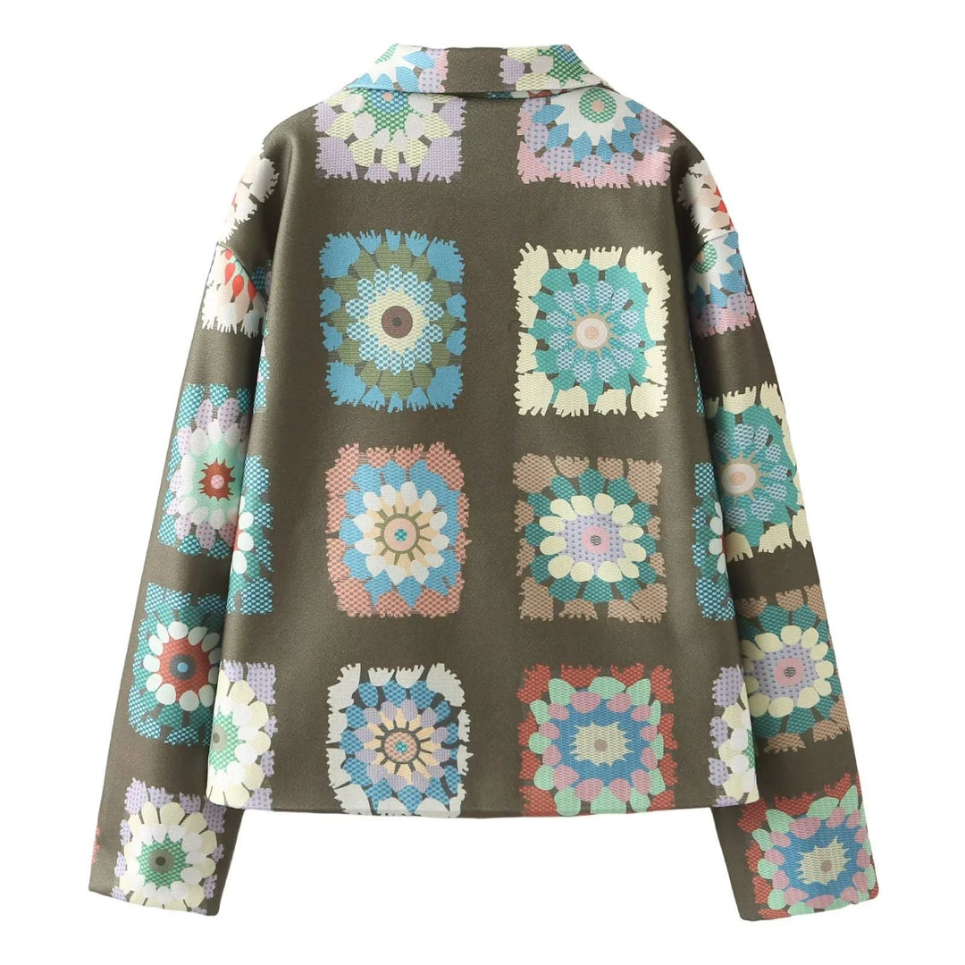 Dam Mönstrad kort boxy jacka med floral patchwork squares