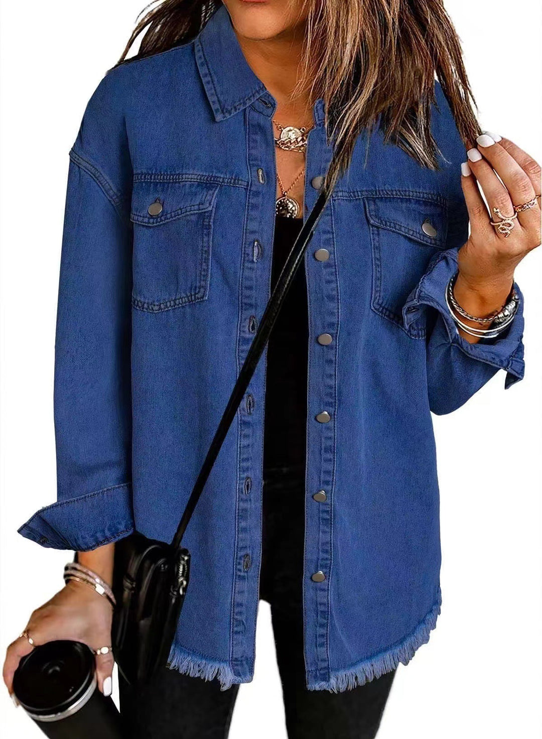 Dam oversize denim skjortjacka med Fringes och bröstfickor