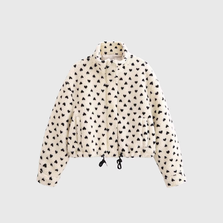 Dam Kort Teddy Jacka Tillverkad av Sherpa Fleece med Heart Tryck och Drawstring
