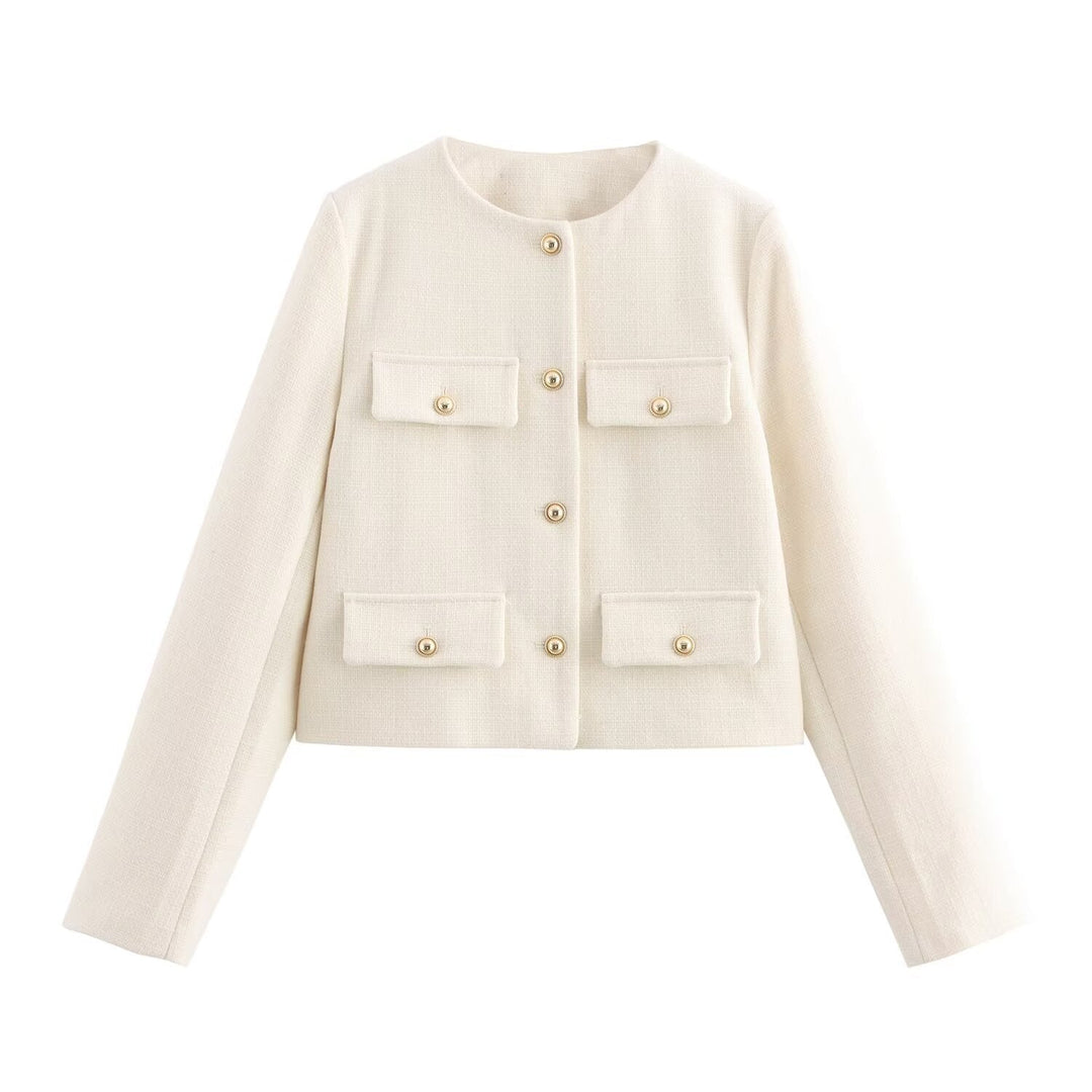 Dam kort Boucle blazer jacka med Round Neck, dekorativ ficka Flaps, och Gold-Colored knappar