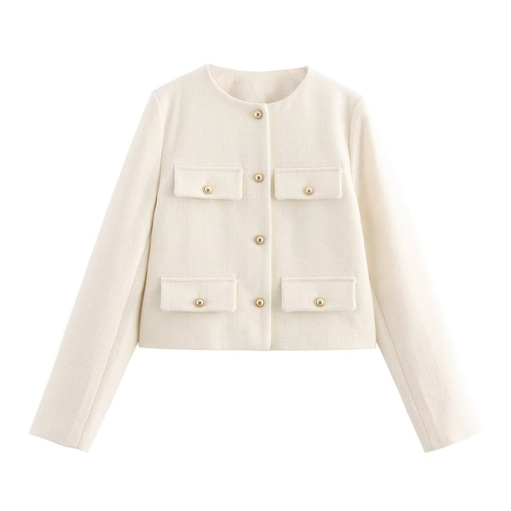 Dam kort Boucle blazer jacka med Round Neck, dekorativ ficka Flaps, och Gold-Colored knappar