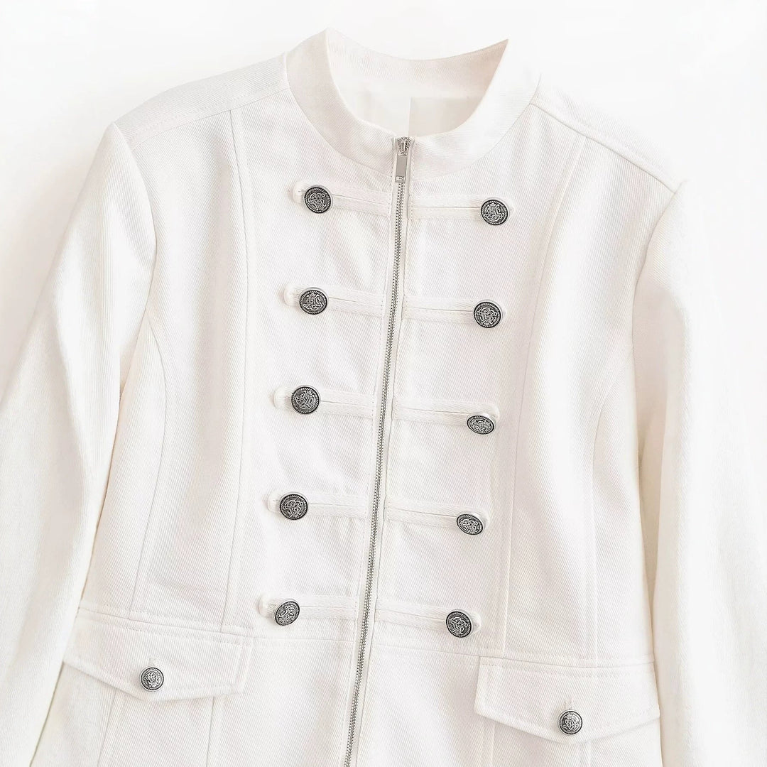 Dam Kort Uniform Jacka med Stå Krage, Dekorativ Straps och Metal Knapp Detail