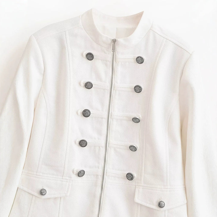 Dam Kort Uniform Jacka med Stå Krage, Dekorativ Straps och Metal Knapp Detail
