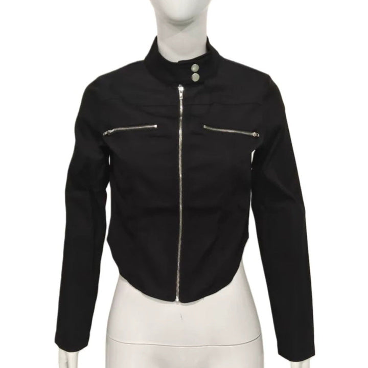 Dam figursydd Bonded Canvas bikerjacka med ståkrage och Chest Zippers