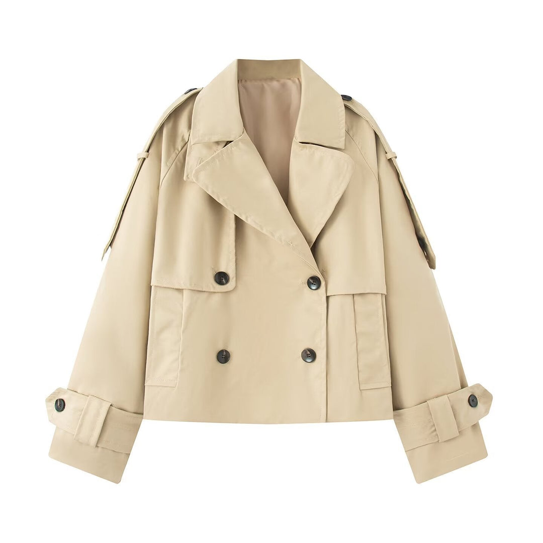 Dam kort skärning double-breasted trenchcoat med vid shawl krage, skräddad bälte och justerbar ärm straps