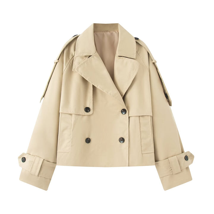Dam kort skärning double-breasted trenchcoat med vid shawl krage, skräddad bälte och justerbar ärm straps
