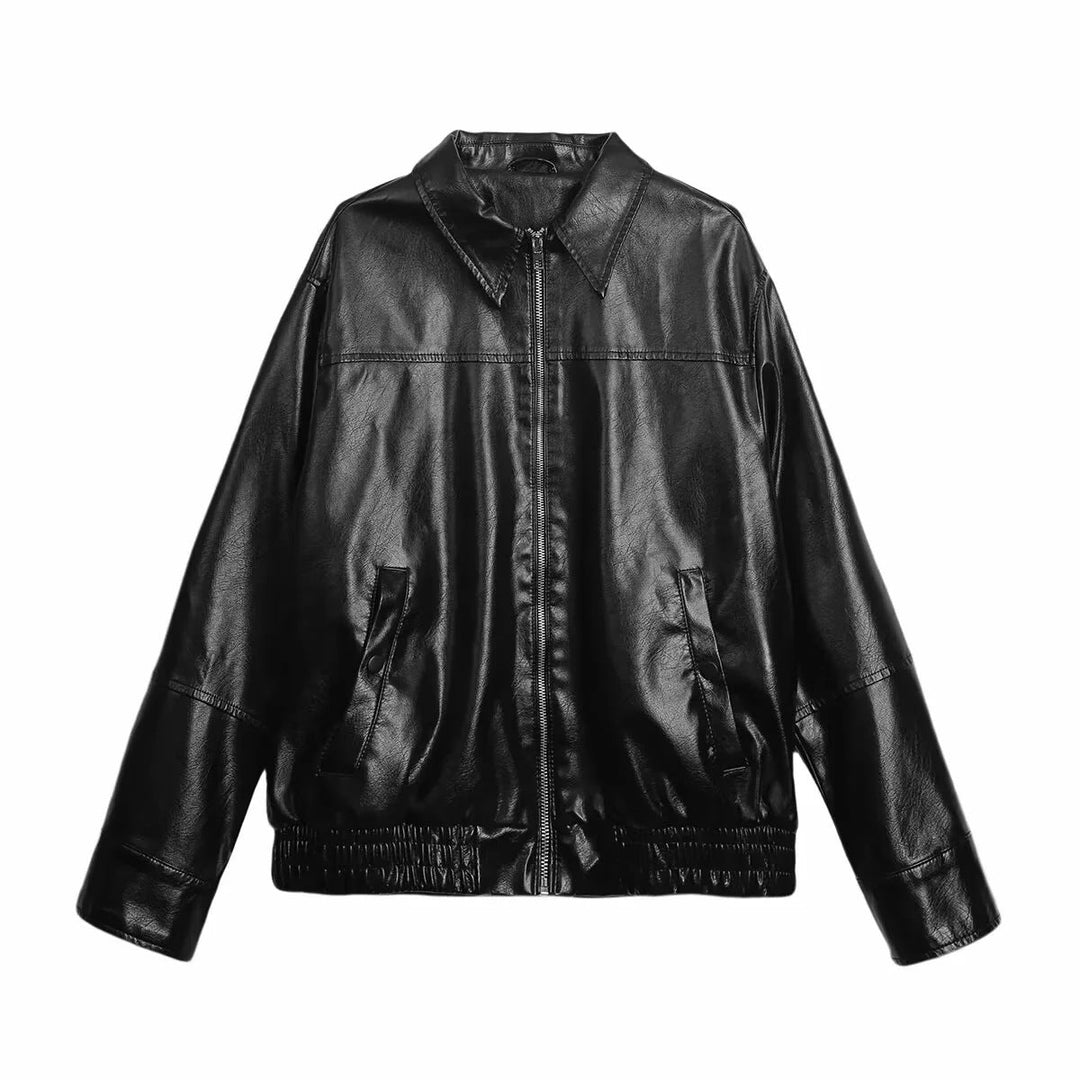 Dam oversized smooth läder look blouson med skjortkrage, alla-över dragkedja och elastic waistband