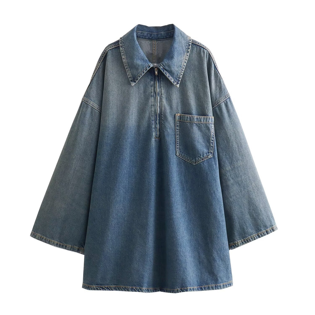Dam oversized denim tunic med half dragkedja, bred skärning och breast pocket