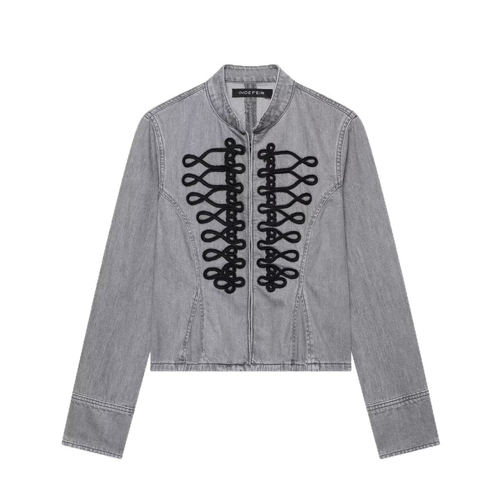 Dam Kort Denimjacka med Mandarin Krage och Dekorativ Knot Details