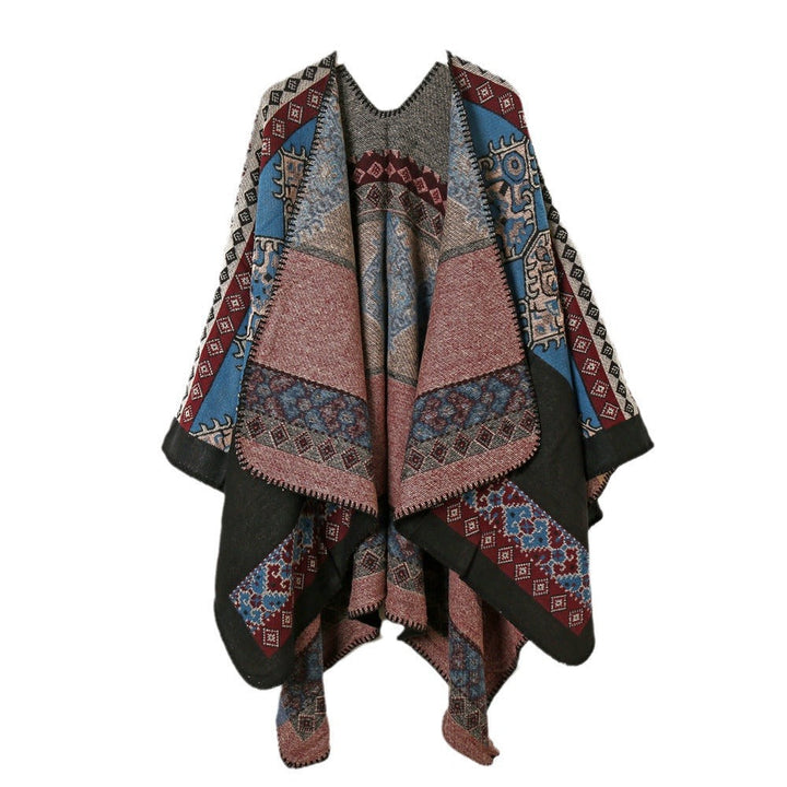 Dam ullblandning jacquard capeponcho i ethnic look med decorative stitch