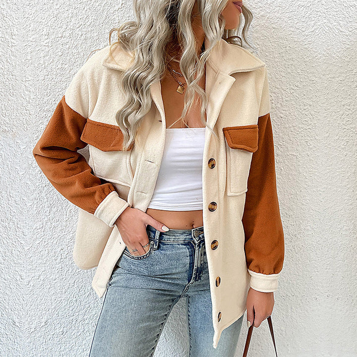 Dam Oversized Skjorta Jacka med Contrasting Ärmar och Lapp Breast Fickor