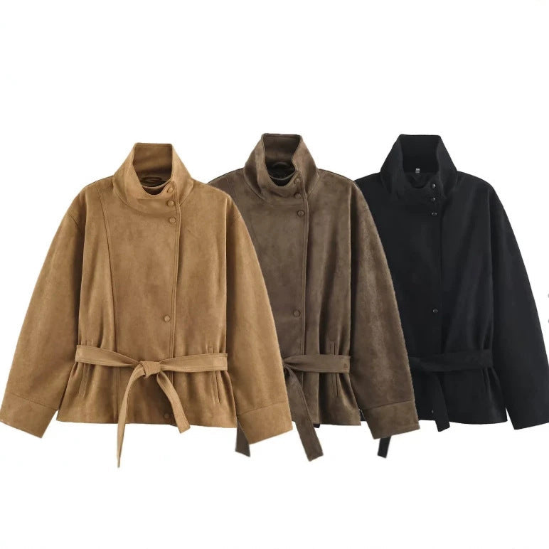 Dam Suede Look Jacka med Hög Stå Krage och Waist Belt