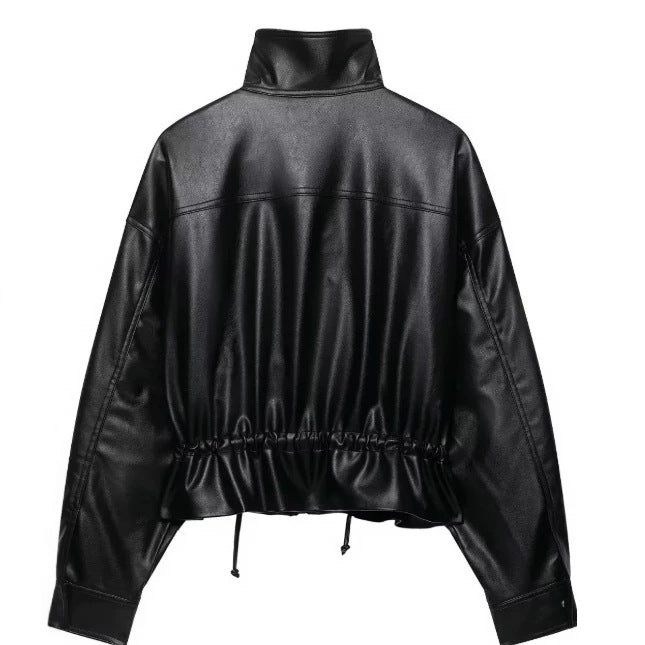Dam Kort Faux Läder Blouson med Stå Krage, Lock Fickor och Drawstring Waist