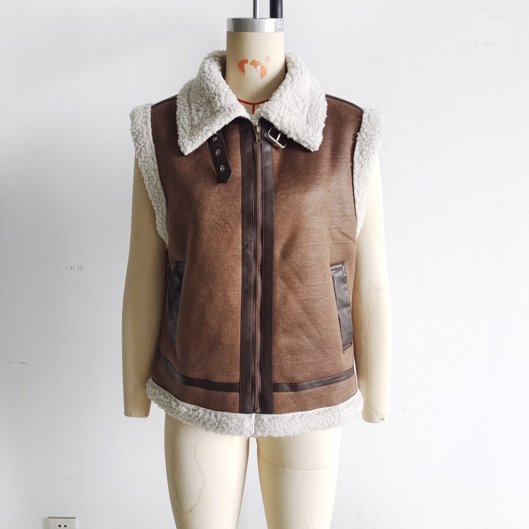 Dam vadderad lambskin imitation väst med stor Sherpa krage, dragkedja och sidofickor