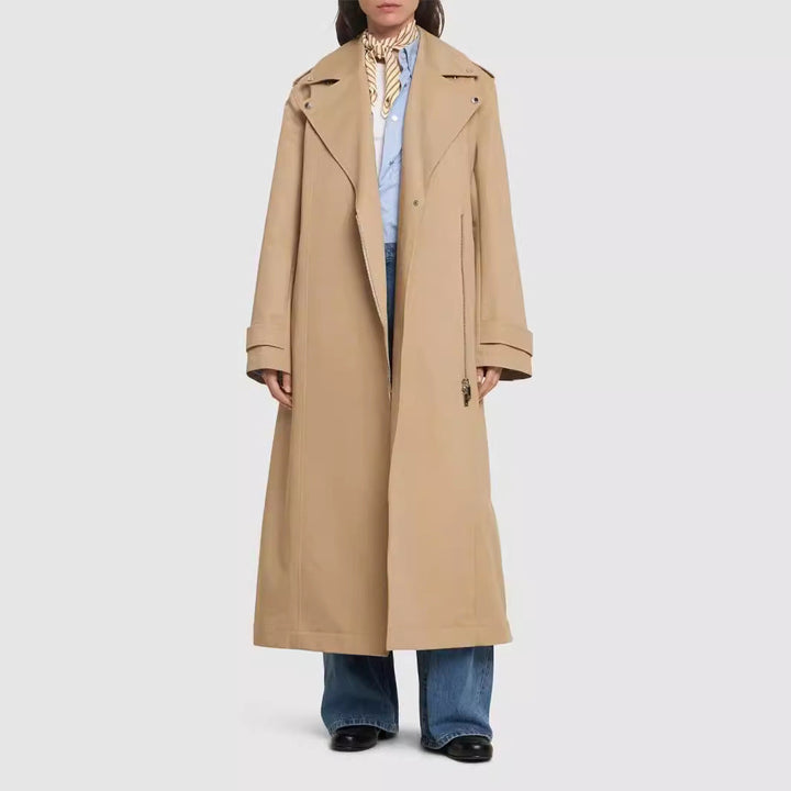 Dam floor-length oversize trenchcoat med dragkedja och vid shawl krage
