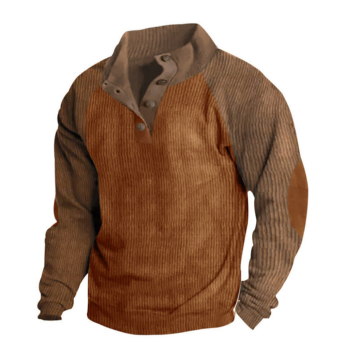 Herr Termisk Cord Pullover med Knapplist, Ståkrage, Raglanärmar, och Elbow Lappar