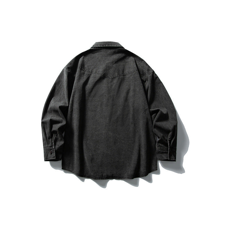 Unisex Oversized Bomull Denim Skjorta Jacka med Lapp Bröst Fickor och Curved Fåll