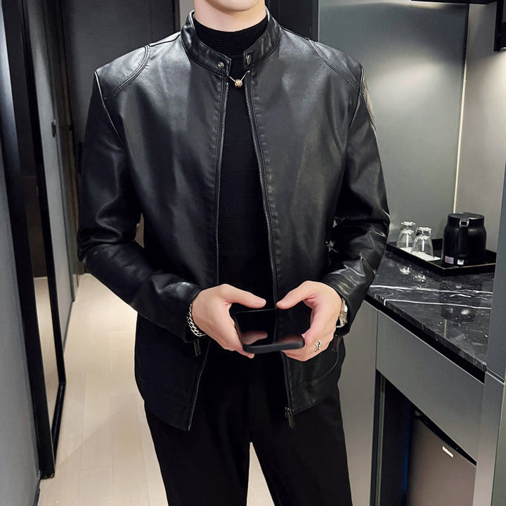 Herr Smal Konstläder Blouson Motorcycle-Inspired Design med Short Stående Krage och Dold Dragkedja