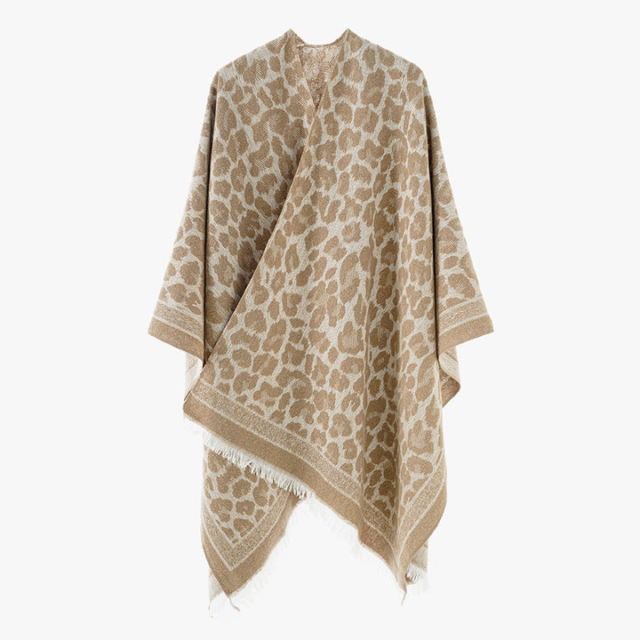 Dam mjuk-Falling Jacquard kimono-skärning Wrap med Tonal Leo mönster och Fringed fåll