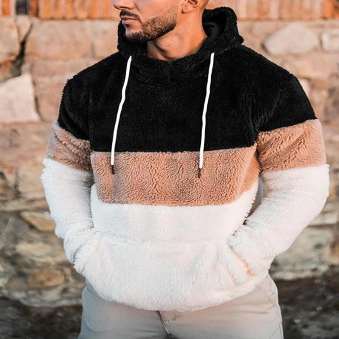 Herr Färg Block Teddy Fleece Luvtröja med Känguruficka och Dragsko