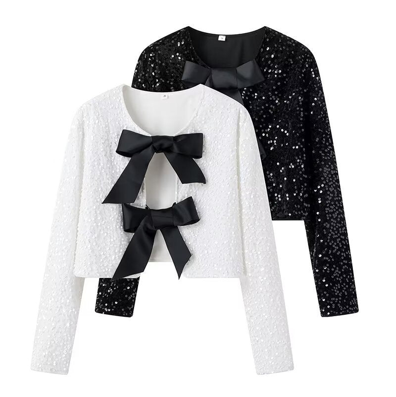 Dam kort Sequin jacka med dekorativ Bows, Round Neckline och lång ärmar