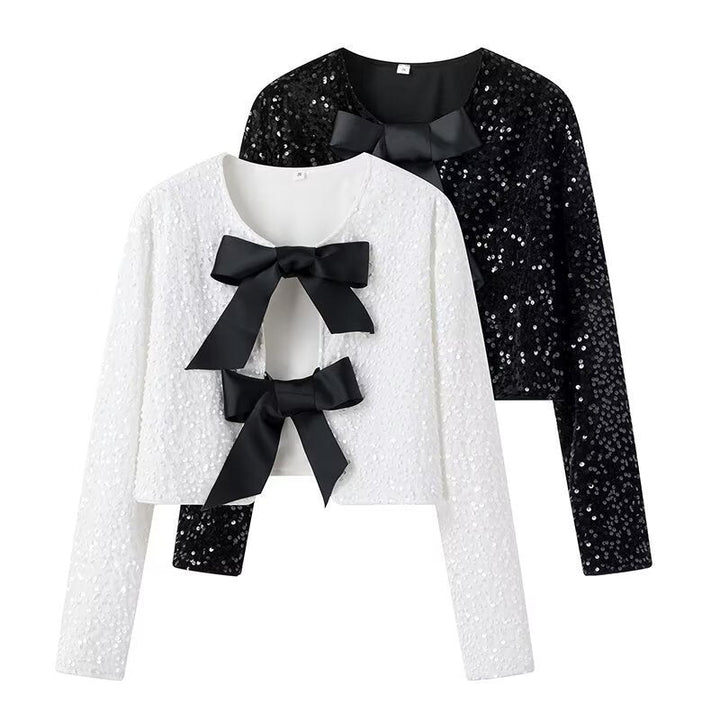 Dam kort Sequin jacka med dekorativ Bows, Round Neckline och lång ärmar