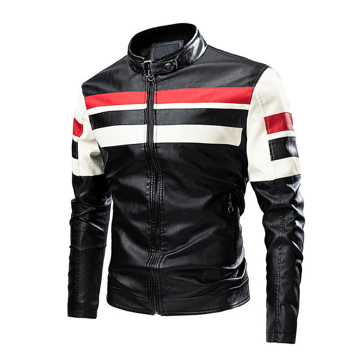 Herr retro-inspired motorcycle läder jacka med racing ränder och ståkrage